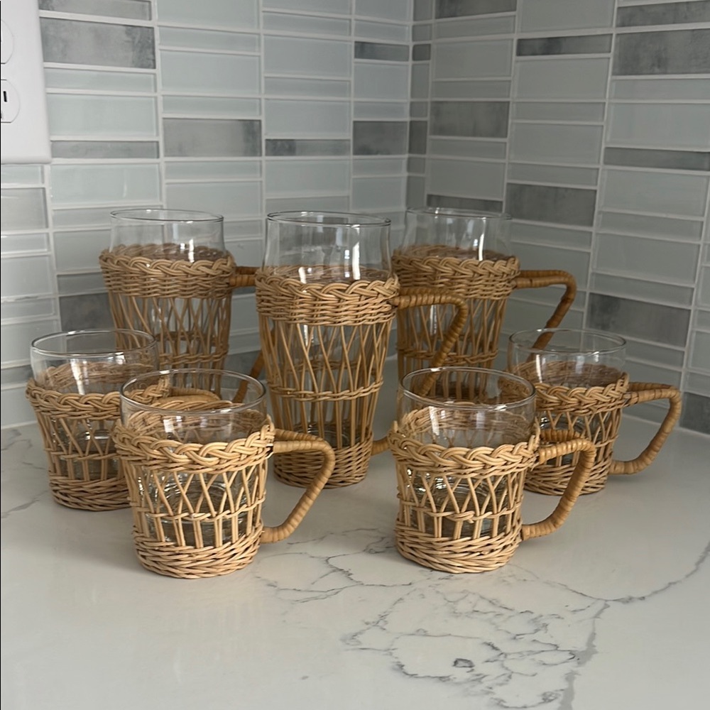 Vintage Woven Rattan Wicker Glass Mug Set